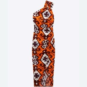 Zara NWT One Shoulder Orange Patterned Cotton Dress Open Back Size Small
